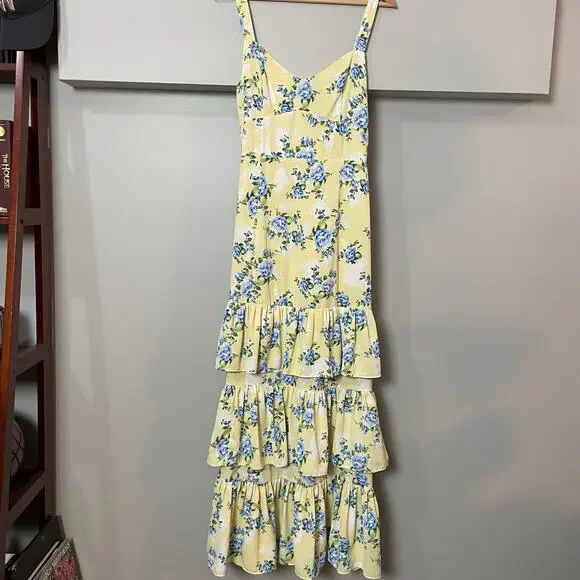 Abercrombie & Fitch Butter Yellow Ruffle Tiered Maxi Dress Blue Floral SZ M EUC - Picture 3 of 13